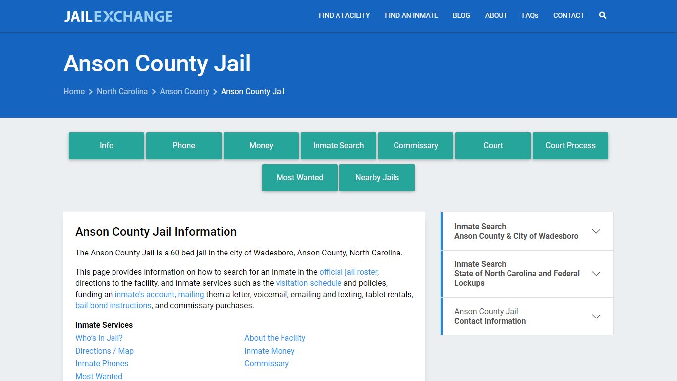 Anson County Jail, NC Inmate Search, Information